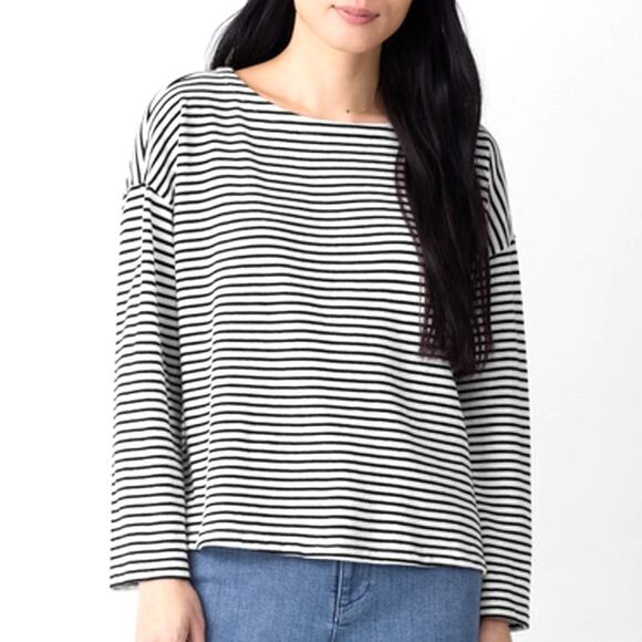 Eileen Fisher Women's Black White Striped Cotton Slub Bateau Neck Top Size M - Picture 1 of 11